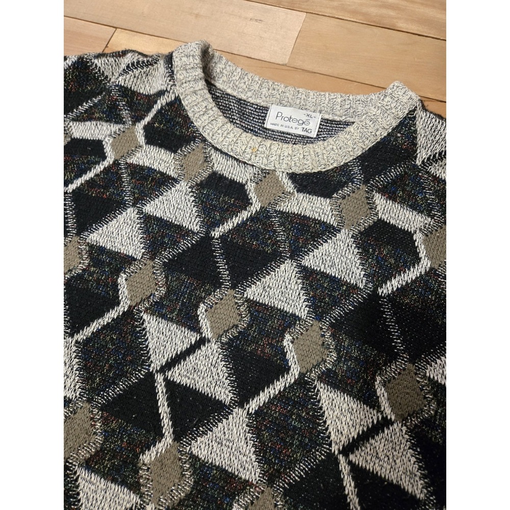 Vintage 90s Protégé USA Geometric Knit Sweater XL Coogi Style Retro‎ Abstract